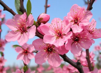 Close-up of a pink peach blossom blooming in spring, macro photography, with fresh and vibrant colors, against a blue sky background, in natural sunlight, and a shallow depth of field. Stock photo, hi