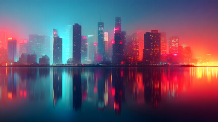 Fototapeta premium A stunning retro-futuristic city skyline reflecting vibrant neon lights in still waters, creating a mystical ambiance.