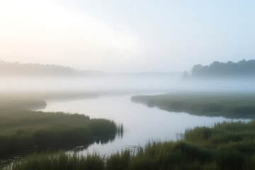 Fototapeta premium Atmospheric balanced habitat background of wetland landscape, misty light, wide copy space, harmonious proportions