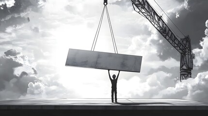 A silhouetted worker lifting a steel beam against a dramatic sky with a crane in the background