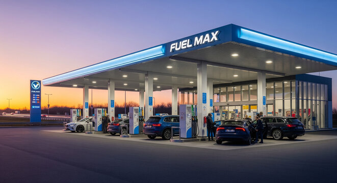 An attractive, brightly lit Fuel Max gas station stands out against a stunning twilight sky. The photo shows several cars and people, capturing the everyday bustle and routine of refueling