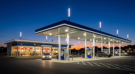 An appealing, well-lit gas station and convenience store stand out against a beautiful twilight sky. The photo captures the modern architecture and clean design of the building and pumps