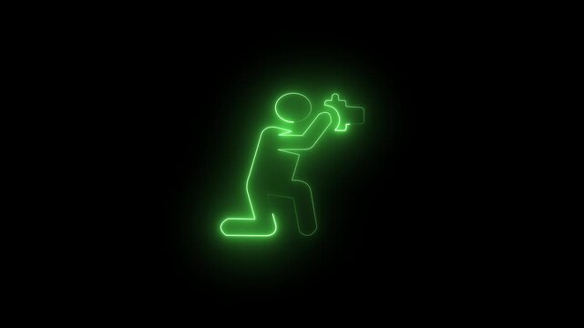 Neon camera man icon animation on black background. cameraman icon  with a glowing neon man