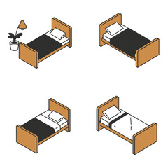 Four isometric wooden single beds with pillows and blankets on white background illustration