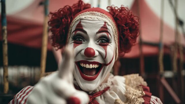 Creepy female clown with bright makeup smiling wide, staring madly at camera and pointing finger laughing.