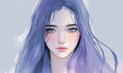 Digital Painting of a young woman with flowing blue hair and light eyes
