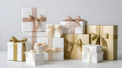 Elegant Gift Boxes Assortment with Beige Ribbons on White