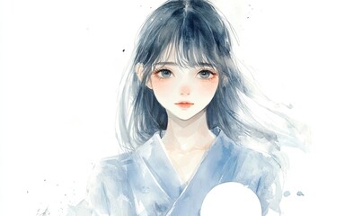 Watercolor painting of a serene young woman with soft features and flowing hair