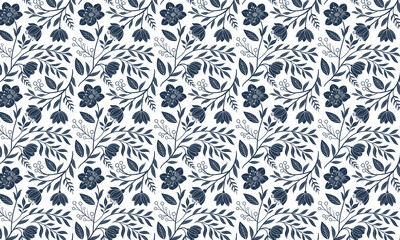 Vintage ethnic, silhouette indigo flower, motif branches leaves, seamless pattern, white background, vector art illustration