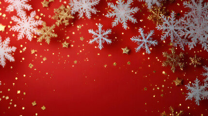 Festive White Snowflakes and Gold Stars on Red Background