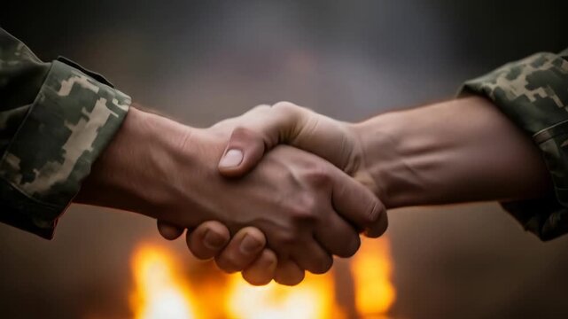 Soldiers shaking hands in front of a campfire a concept of camaraderie and unity