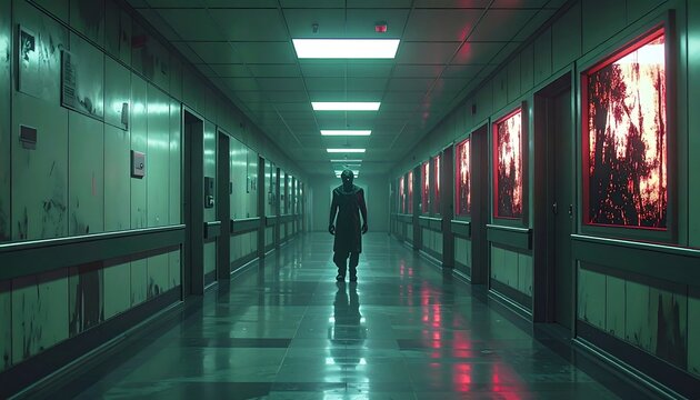 A figure walks down a long hospital corridor, lit by eerie glowing lights