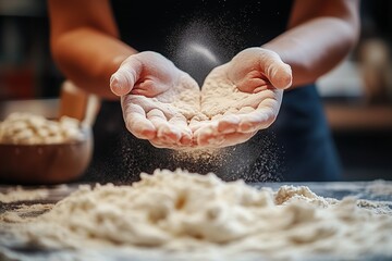 A man is slapping flour in his hands, with a table covered with flour and dough in front of him, which can symbolize the preparation of pizza or other types of food, from pastries to bread.