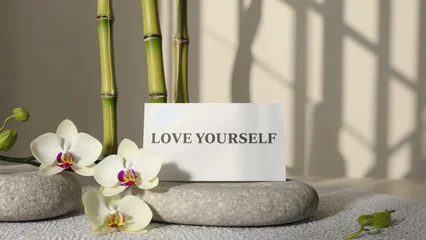 Keuken achterwand Spa love yourself card with orchids and zen stones   © Anastasiia