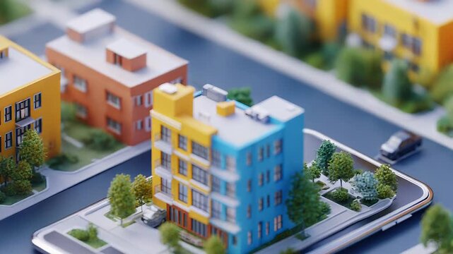 Modern apartment building emerging from smartphone screen in miniature city