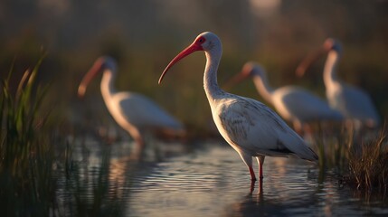 A group of white ibis birds wading in shallow water during golden hour with soft blurred background