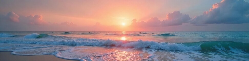Serene sunrise over a calm ocean, gentle waves lapping the shore, soft pastel colors reflecting in the tranquil water Perfect for travel, nature, or relaxation themes , ocean, tranquil, picturesque