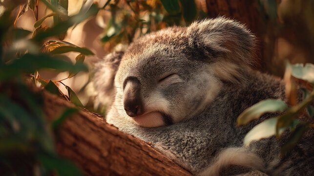 A sleeping koala nestled in a tree branch surrounded by green leaves in natural sunlight setting