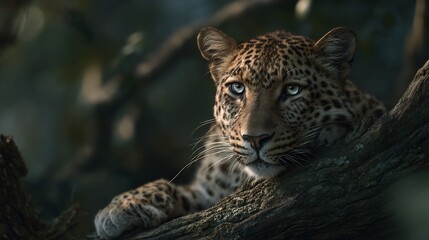 Obraz premium Leopard resting on a tree branch with intense gaze and spotted fur in a natural environment setting