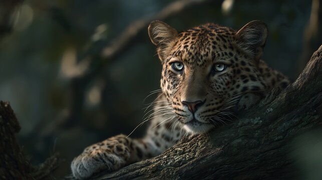Leopard resting on a tree branch with intense gaze and spotted fur in a natural environment setting