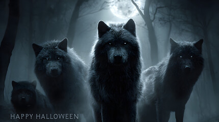 A Halloween banner Happy Halloween 2026 wallpaper hd realistic with moonlit forest, black wolves, and eerie glowing eyes