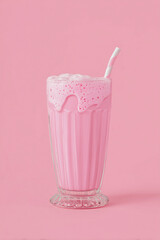 Pink milkshake in glass on pink pastel background, minimalistic food concept