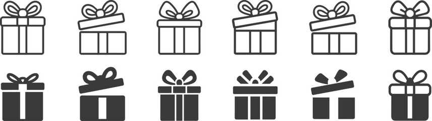 Gift box icon set, outline and solid present symbols, festive packaging vector, holiday celebration design, ribbon and bow artwork, UI element pack