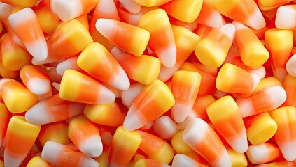 Close-up view of many candy corn candies.