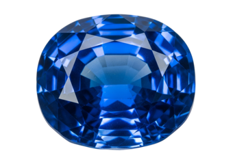 Close-up of a magnificent, oval-cut sapphire, exhibiting brilliant facets and captivating deep blue hues against a stark black backdrop.