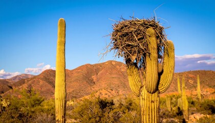Bird's nest atop a saguaro cactus against a desert mountain backdrop
