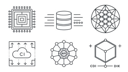 Geometric black and white line icons for artificial intelligence concepts