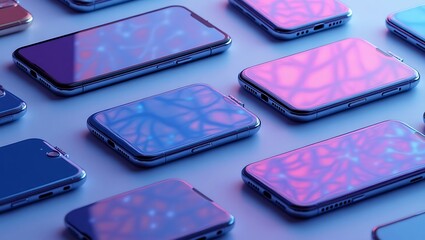 Mobile phones background concept showcasing multiple smartphones with vibrant screen reflections design tech