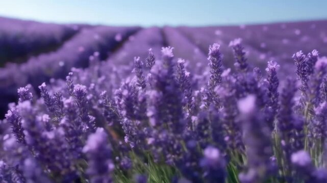 Blooming Lavender Field Swaying Gently in Breeze Under Blue Sky
