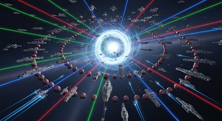 Sci-Fi Armada Assaulting Portal with Laser Fire in Deep Space