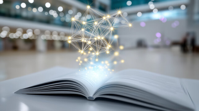Open book emitting a glowing neural network structure, symbolizing futuristic learning and digital knowledge.  
 - Powered by Adobe