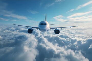 Fototapeta premium Jet flying above clouds under blue sky.