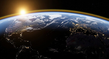 Obraz premium A stunning, wide-angle view of the Earth from space. The image captures the dynamic boundary between day and night