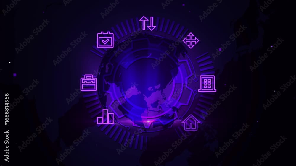 Wall mural futuristic network glowing with circle tech icons and global map digital background