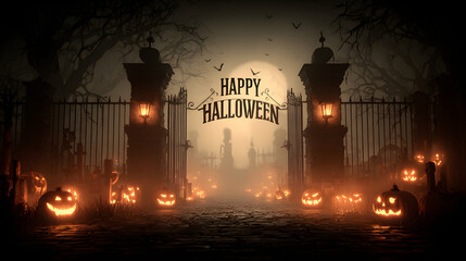 A Halloween banner Happy Halloween 2026 wallpaper hd realistic with cemetery gates, jack-o-lanterns, and ghostly shadows
