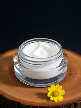 Crema rostro o mascarilla capilar en frasco de vidrio abierta