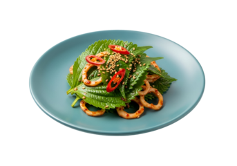 A vibrant salad featuring tender squid rings, fresh perilla leaves, and a spicy glaze, arranged attractively on a teal plate.
