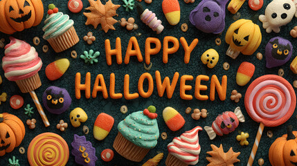 A Halloween banner Happy Halloween 2026 wallpaper hd realistic with candy corn, cupcakes, and pumpkin lollipops in a festive background