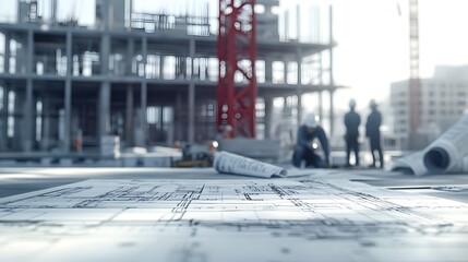 Construction site bustling with activity, featuring blueprints, cranes, and workers in focus