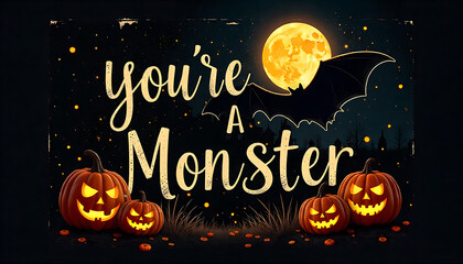 A dark banner with a glowing orange full moon and the phrase “you’re a monster” in whimsical white script against a starry night sky