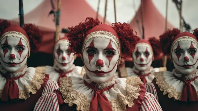 Woman dressed as clown with piercing gaze, encircled by multiple identical clones staring at camera, camera zooming out.