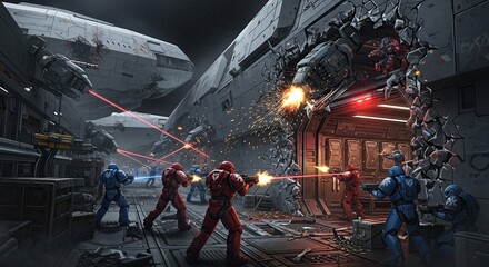 Obraz premium Intense Crossfire as Rival Space Marine Factions Battle During a Starship Breach