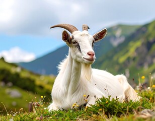 Obraz premium White goat resting in a lush green meadow landscape