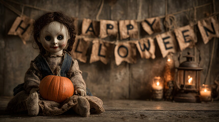A Halloween banner Happy Halloween 2026 wallpaper hd realistic with creepy doll holding pumpkin under flickering lights