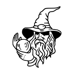 wizard holding crystal ball line art drawing