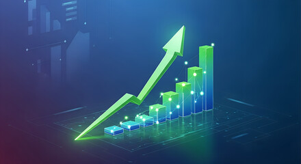 Digital Stock Market Growth Illustration with Green Upward Arrow and Business Data